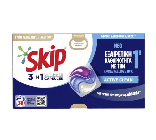 Skip Κάψουλες Πλυντηρίου 3 σε 1 Ultimate Active Clean 38Τμχ