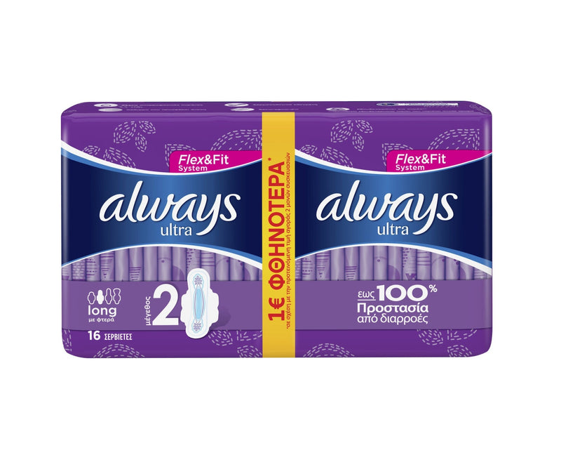 Σερβιέτες Always Ultra Flex & Fit Μεγάλο Μέγεθος σε Διπλή Συσκευασία 16Τμχ