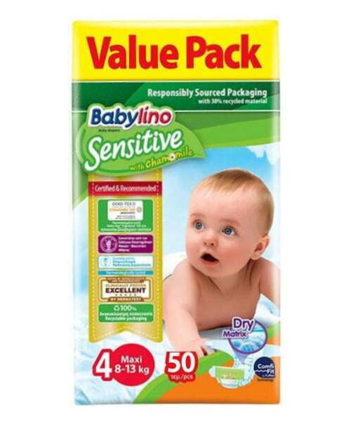 Βρεφικές Πάνες No.4 Babylino Sensitive με Χαμομήλι 50Τμχ