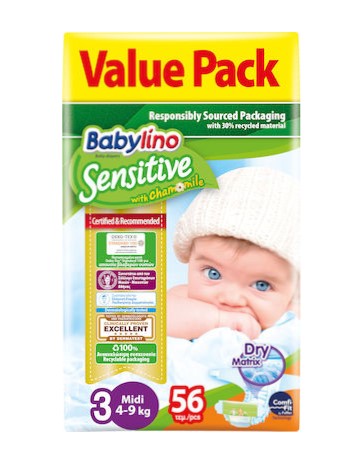 Βρεφικές Πάνες No.3 Babylino Sensitive με Χαμομήλι 56Τμχ